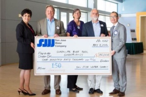 L-R: Sharon Whaley, Water Conservation Specialist, SJWC; Jeff Lawson, Board member, Guadalupe River Park Conservancy; Leslee Hamilton, Executive Director, Guadalupe River Park Conservancy; Francois Rodigari, Director of Water Quality, SJWC, and Board member, Guadalupe River Park Conservancy; and John Tang, Vice President of Government Relations and Corporate Communications, SJWC